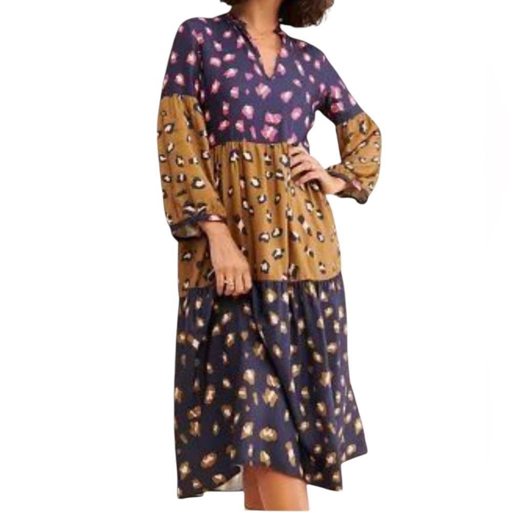 Anthropologie Blue Tan Vilagallo Tammy Tiered Midi Dress Size 4 Boho 225.00
